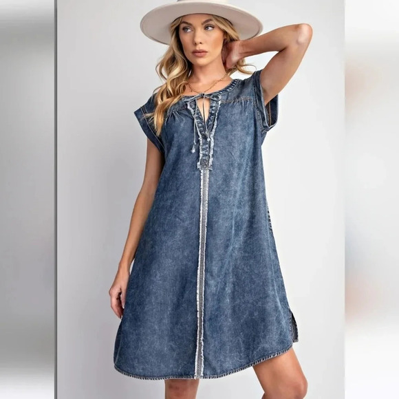 New Easel Washed Denim Blue Jean Dress - Picture 5 of 6